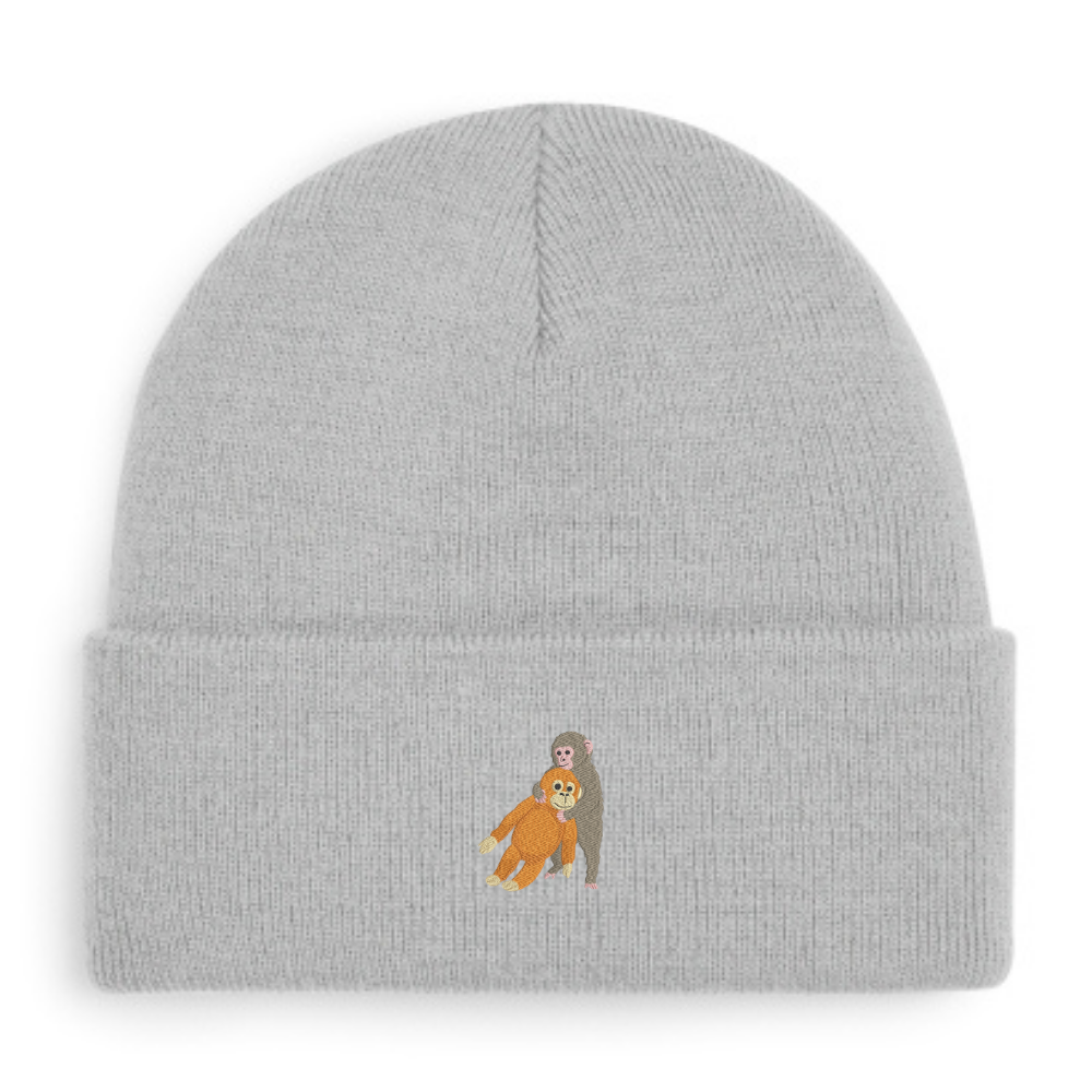 Heytoki Beanie aus Bio-Baumwolle in Light Grey mit gesticktem Affenmotiv