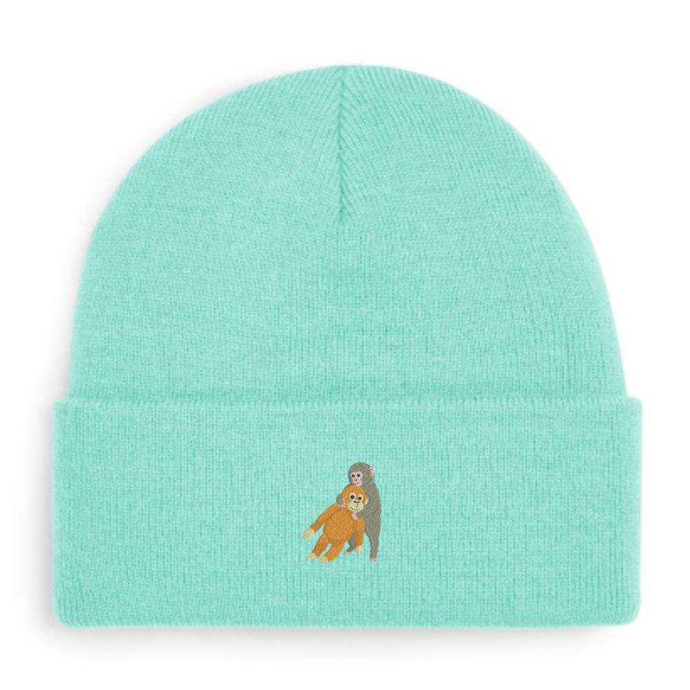 Heytoki Beanie aus Bio-Baumwolle in Mint Green mit gesticktem Affenmotiv