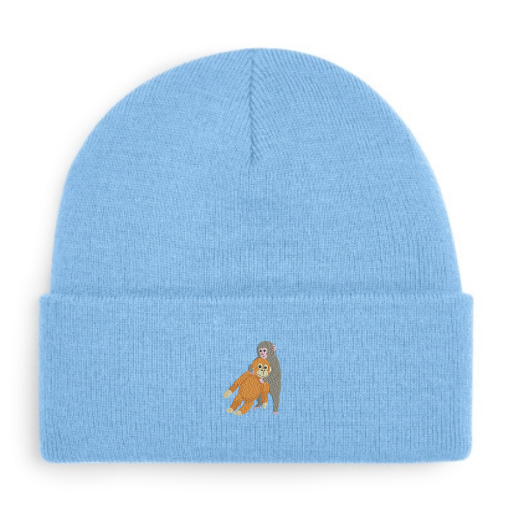Heytoki Beanie aus Bio-Baumwolle in Sky Blue mit gesticktem Affenmotiv