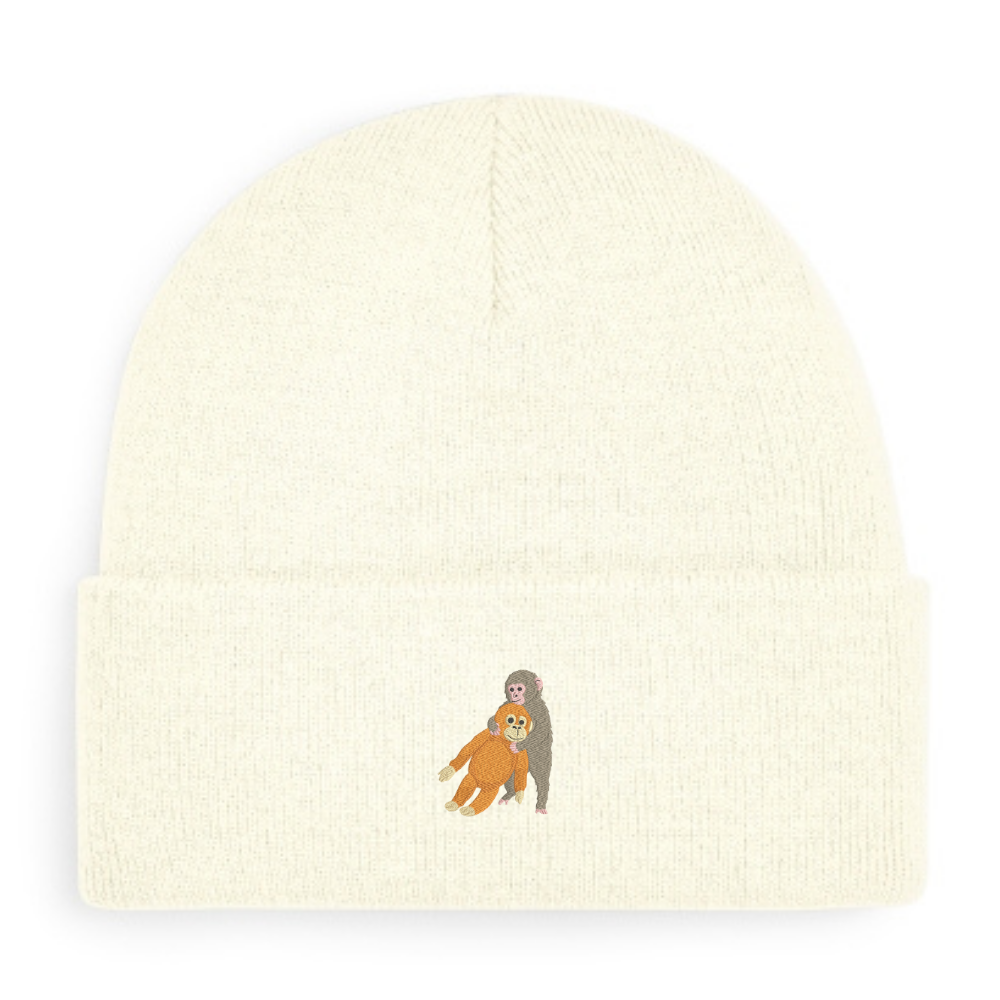 Heytoki Beanie aus Bio-Baumwolle in Soft White mit gesticktem Affenmotiv