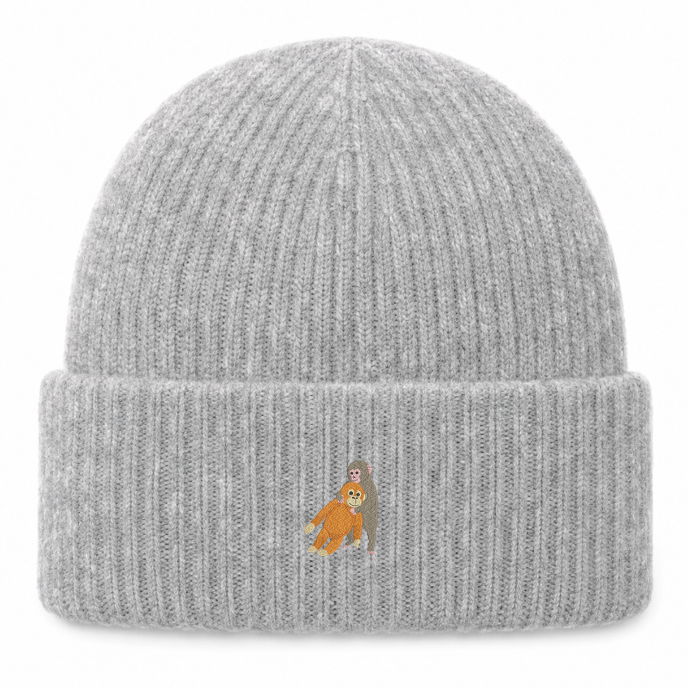 Heytoki extraweiche Beanie in Grey Marl mit gesticktem Affenmotiv