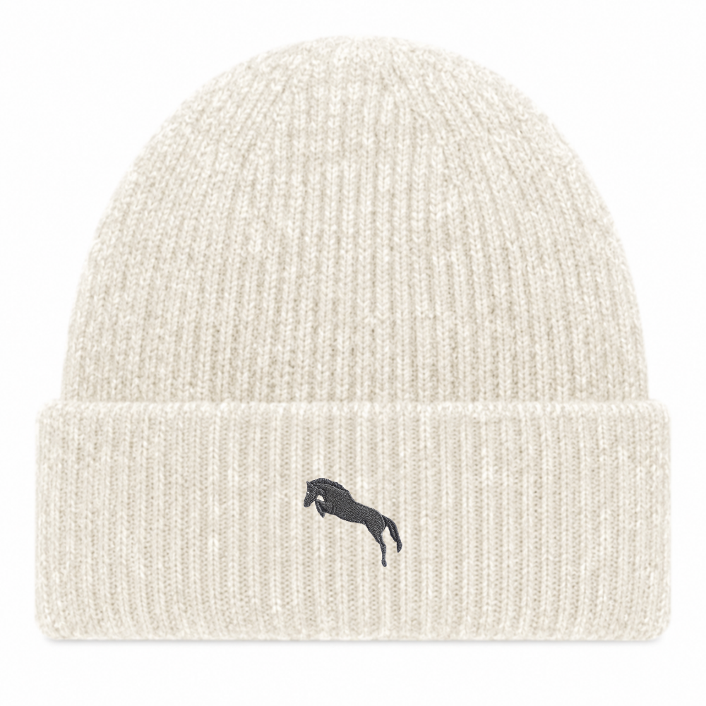 Heytoki extraweiche Beanie in Almond Marl mit gesticktem Pferdemotiv