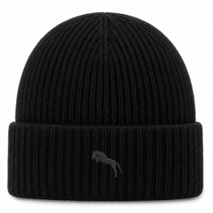 Heytoki extraweiche Beanie in Black Marl mit gesticktem Pferdemotiv