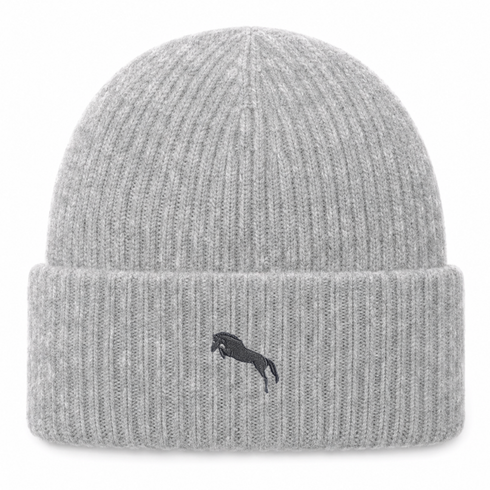 Heytoki extraweiche Beanie in Grey Marl mit gesticktem Pferdemotiv