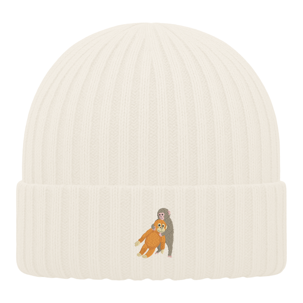 Heytoki Kinder-Beanie aus Bio-Baumwolle in Almond mit gesticktem Affenmotiv