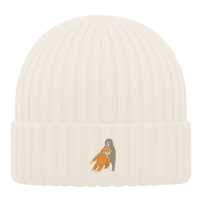 Heytoki Kinder-Beanie aus Bio-Baumwolle in Almond mit gesticktem Affenmotiv