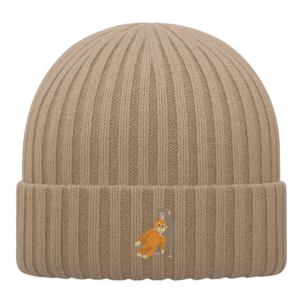 Heytoki Kinder-Beanie aus Bio-Baumwolle in Biscuit mit gesticktem Affenmotiv
