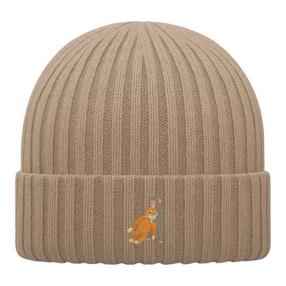 Heytoki Kinder-Beanie aus Bio-Baumwolle in Biscuit mit gesticktem Affenmotiv