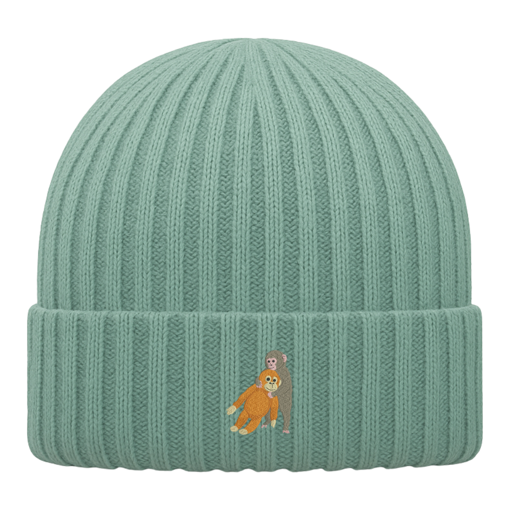 Heytoki Kinder-Beanie aus Bio-Baumwolle in Dusty Green mit gesticktem Affenmotiv