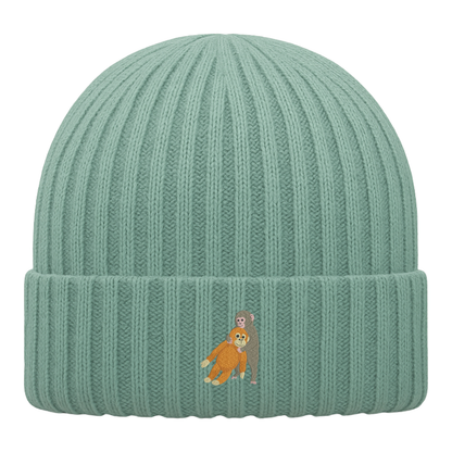 Heytoki Kinder-Beanie aus Bio-Baumwolle in Dusty Green mit gesticktem Affenmotiv