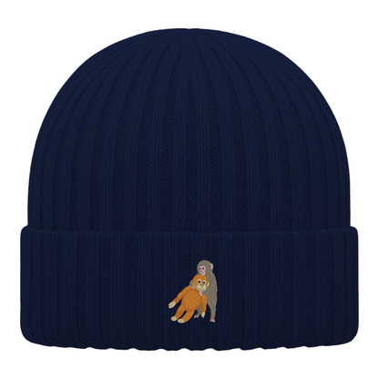 Heytoki Kinder-Beanie aus Bio-Baumwolle in Oxford Navy mit gesticktem Affenmotiv