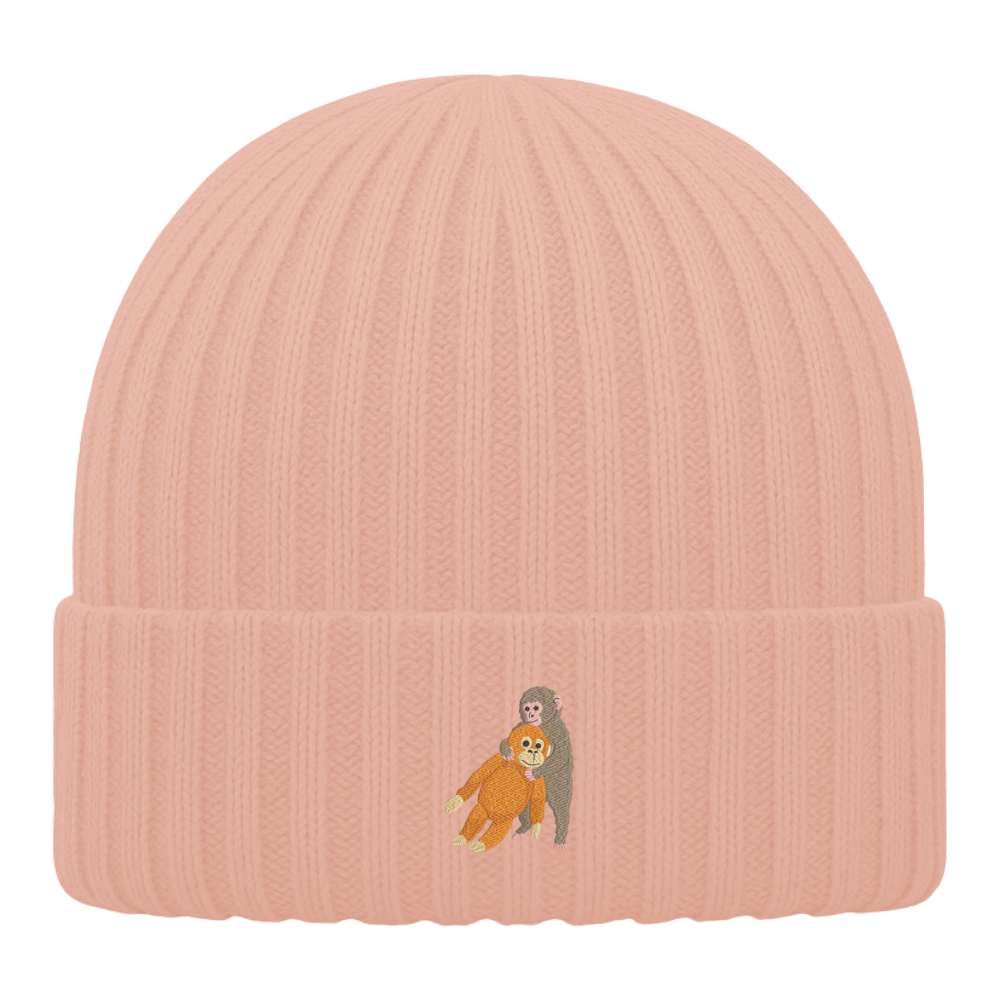 Heytoki Kinder-Beanie aus Bio-Baumwolle in Peach mit gesticktem Affenmotiv