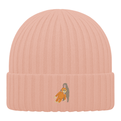 Heytoki Kinder-Beanie aus Bio-Baumwolle in Peach mit gesticktem Affenmotiv