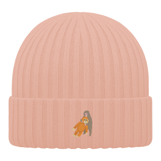 Heytoki Kinder-Beanie aus Bio-Baumwolle in Peach mit gesticktem Affenmotiv