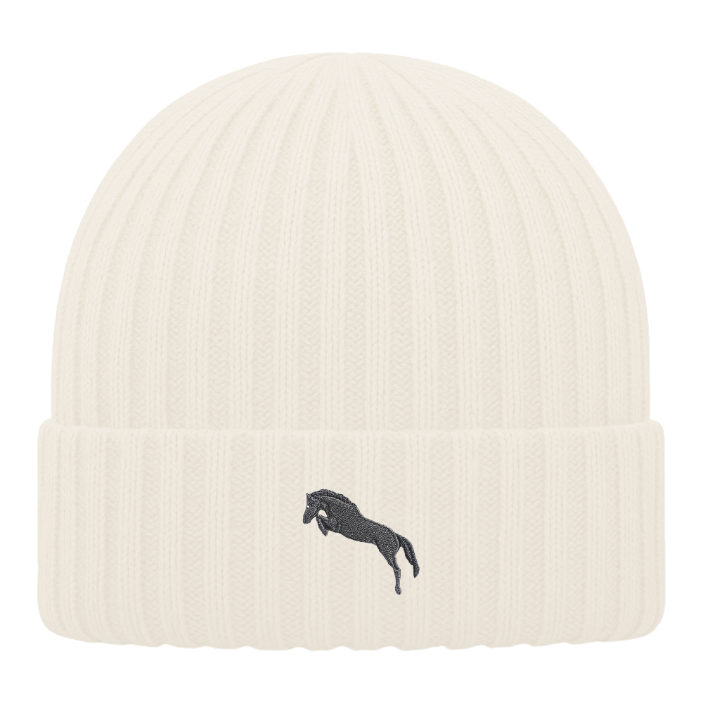 Heytoki Kinder-Beanie aus Bio-Baumwolle in Almond mit gesticktem Pferdemotiv