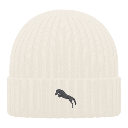 Heytoki Kinder-Beanie aus Bio-Baumwolle in Almond mit gesticktem Pferdemotiv