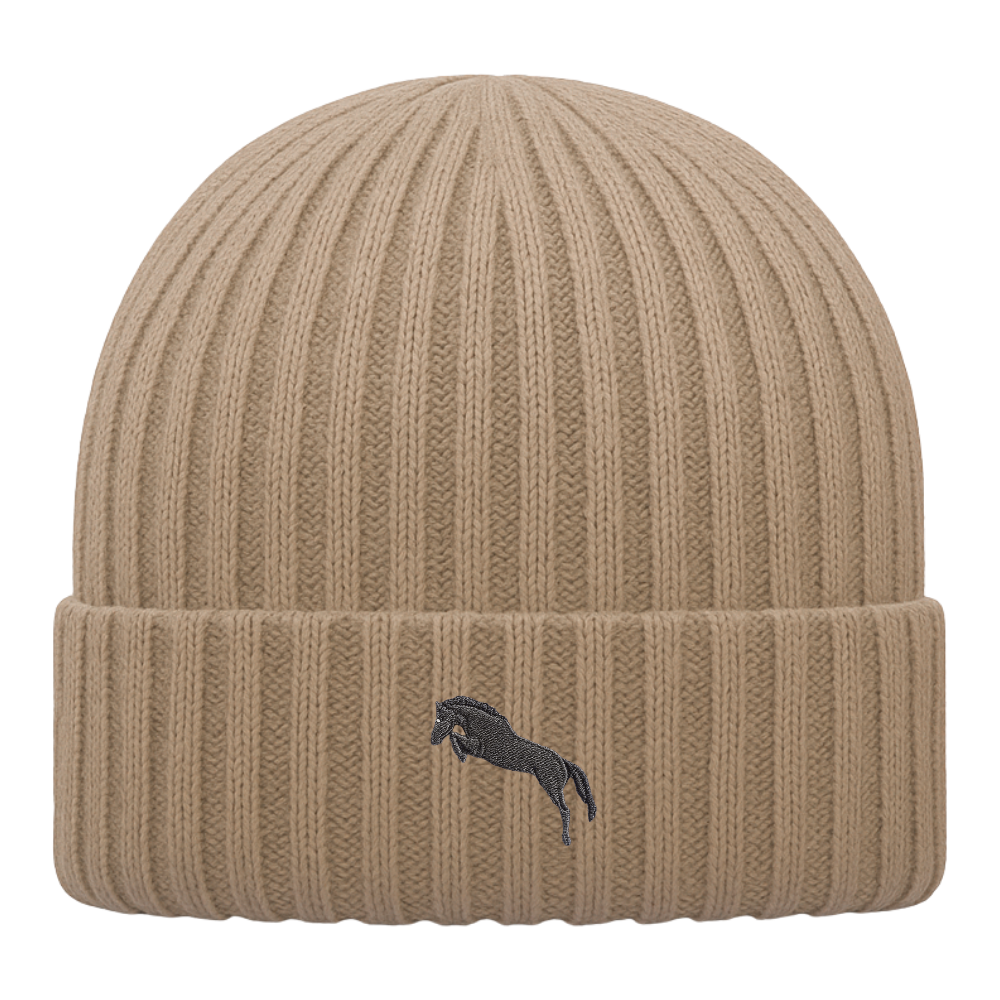 Heytoki Kinder-Beanie aus Bio-Baumwolle in Biscuit mit gesticktem Pferdemotiv