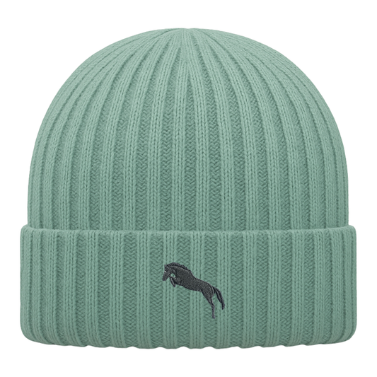 Heytoki Kinder-Beanie aus Bio-Baumwolle in Dusty Green mit gesticktem Pferdemotiv