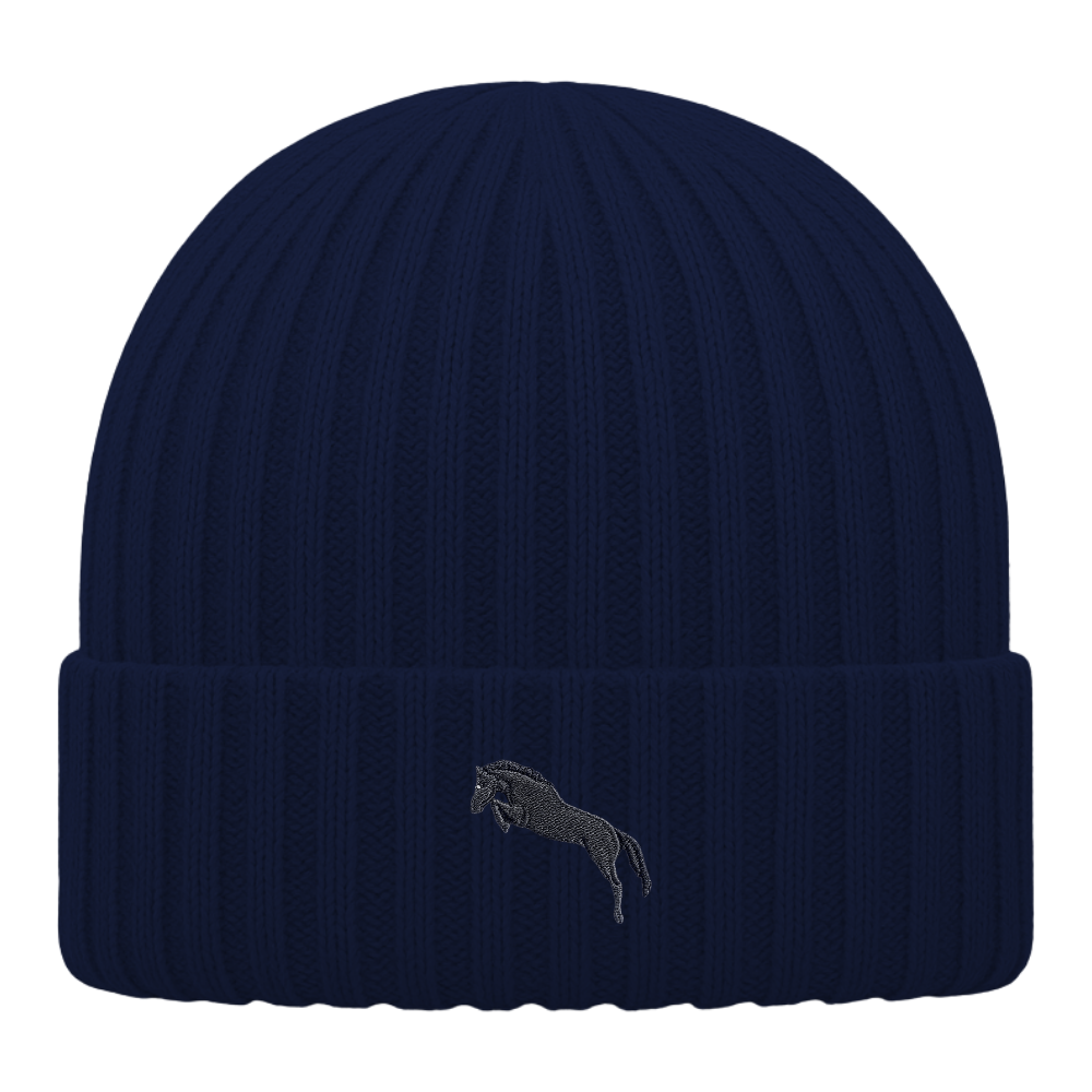Heytoki Kinder-Beanie aus Bio-Baumwolle in Oxford Navy mit gesticktem Pferdemotiv