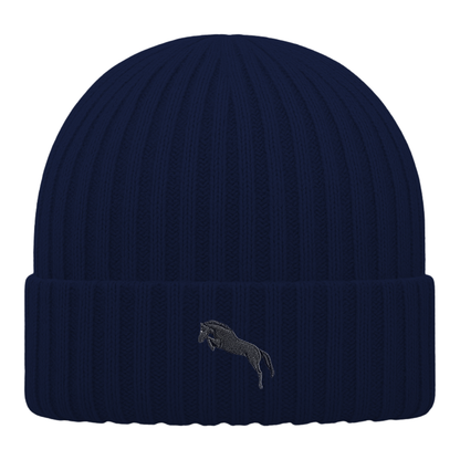 Heytoki Kinder-Beanie aus Bio-Baumwolle in Oxford Navy mit gesticktem Pferdemotiv