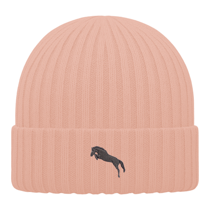 Heytoki Kinder-Beanie aus Bio-Baumwolle in Peach mit gesticktem Pferdemotiv