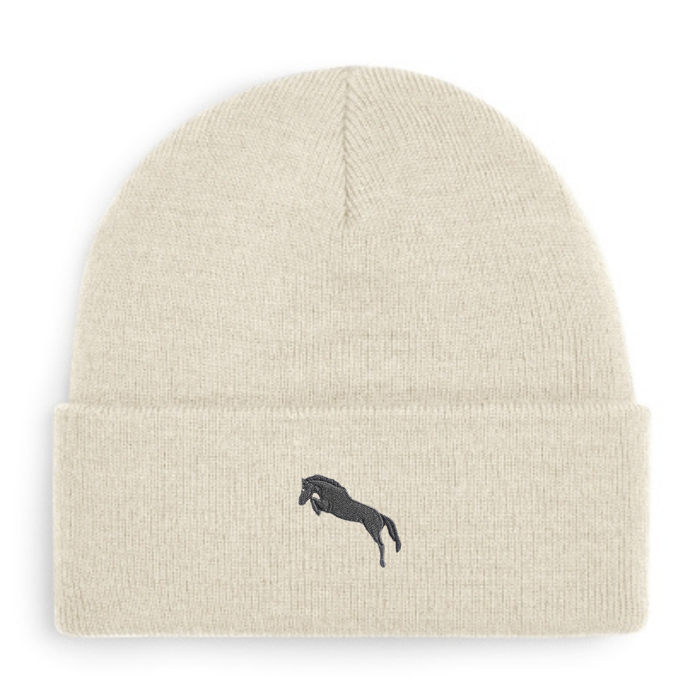 Heytoki Beanie aus Bio-Baumwolle in Almond mit gesticktem Pferdemotiv