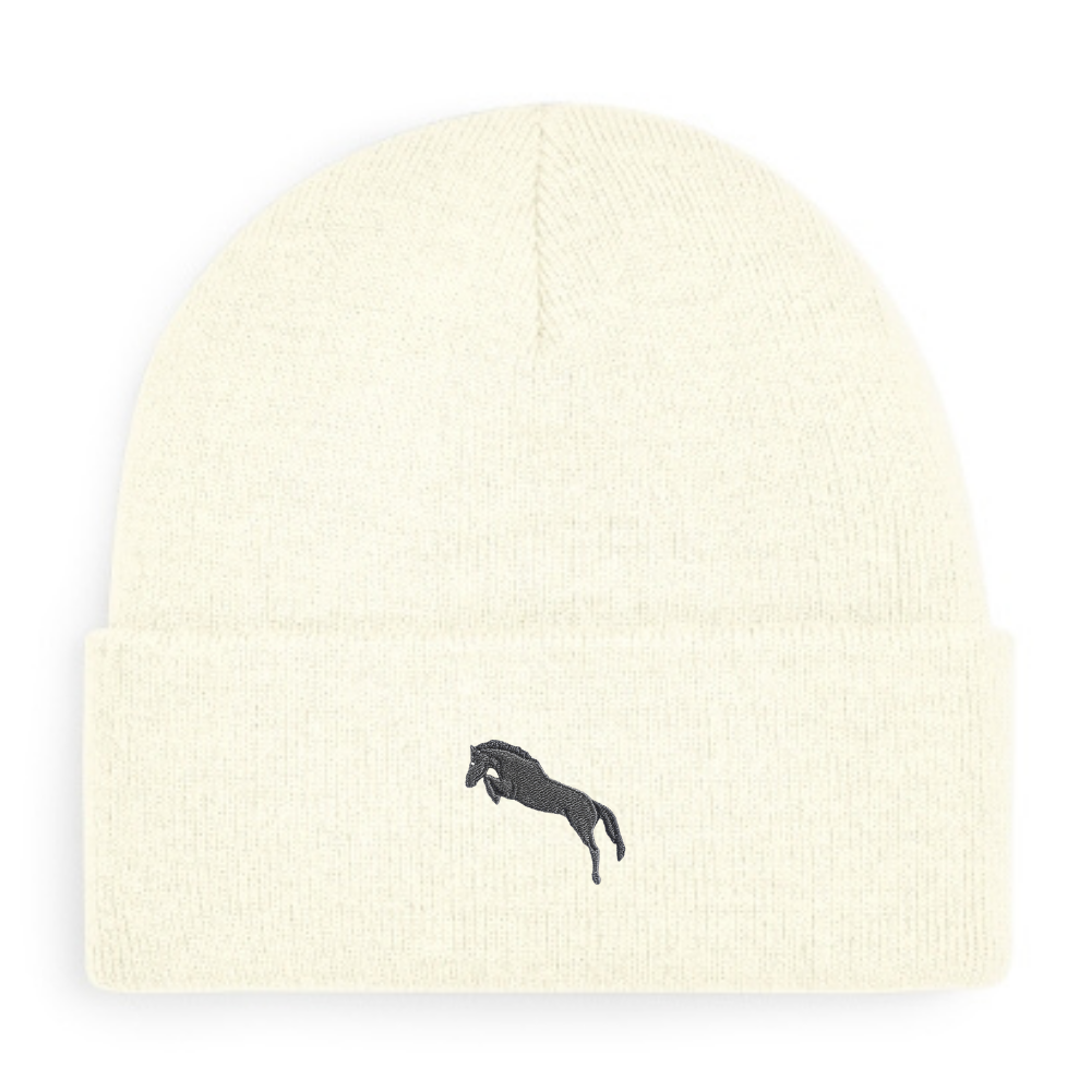 Heytoki Beanie aus Bio-Baumwolle in Soft White mit gesticktem Pferdemotiv
