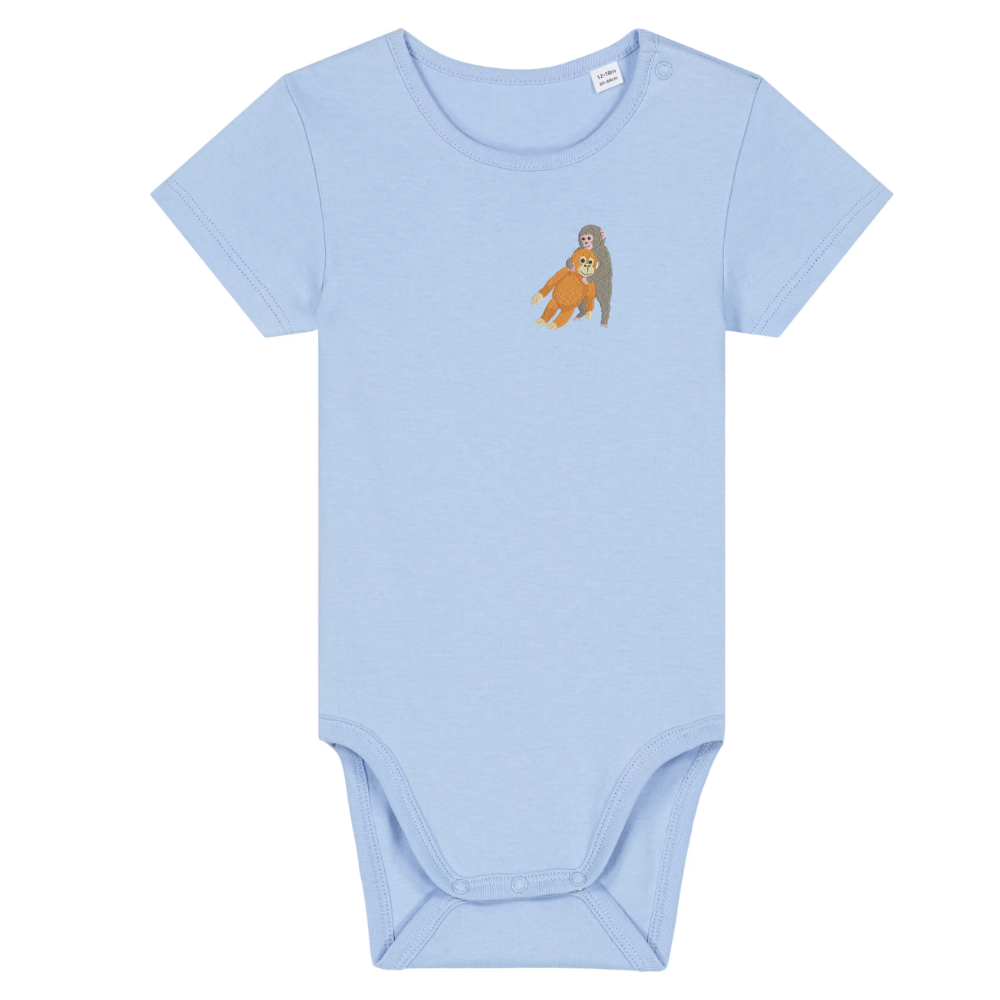 Heytoki Baby-Body aus Bio-Baumwolle in Blue Soul (Hellblau) mit gesticktem Affenmotiv