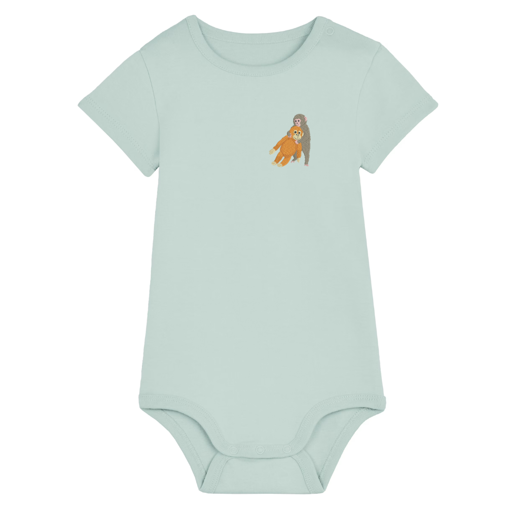 Heytoki Baby-Body aus Bio-Baumwolle in Caribbean Blue mit gesticktem Affenmotiv