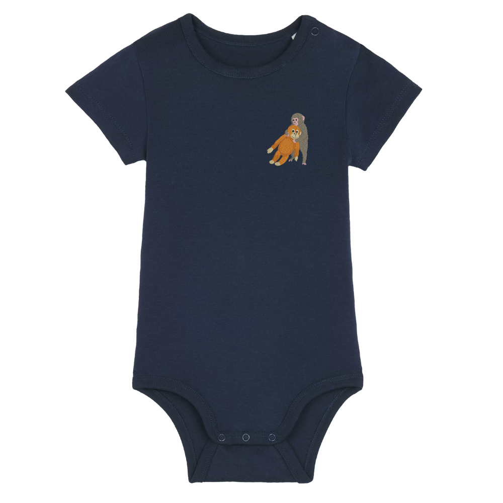 Heytoki Baby-Body aus Bio-Baumwolle in French Navy (Dunkelblau) mit gesticktem Affenmotiv