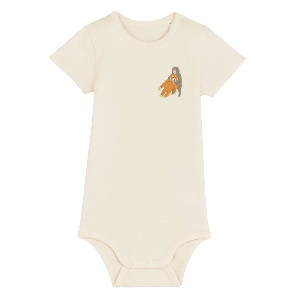 Heytoki Baby-Body aus Bio-Baumwolle in Natural Raw (Naturweiß) mit gesticktem Affenmotiv