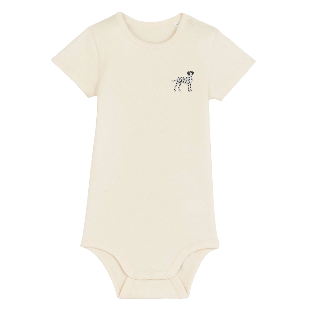 Heytoki Baby-Body in Natural Raw (Naturweiß) mit gesticktem Dalmatinermotiv
