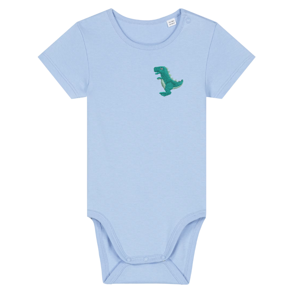 Heytoki Baby-Body aus Bio-Baumwolle in Blue Soul (Hellblau) mit gesticktem Dinosauriermotiv