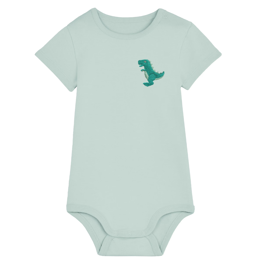 Heytoki Baby-Body aus Bio-Baumwolle in Caribbean Blue mit gesticktem Dinosauriermotiv