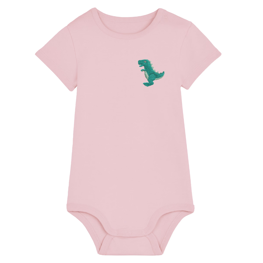 Heytoki Baby-Body aus Bio-Baumwolle in Cotton Pink (Rosa) mit gesticktem Dinosauriermotiv