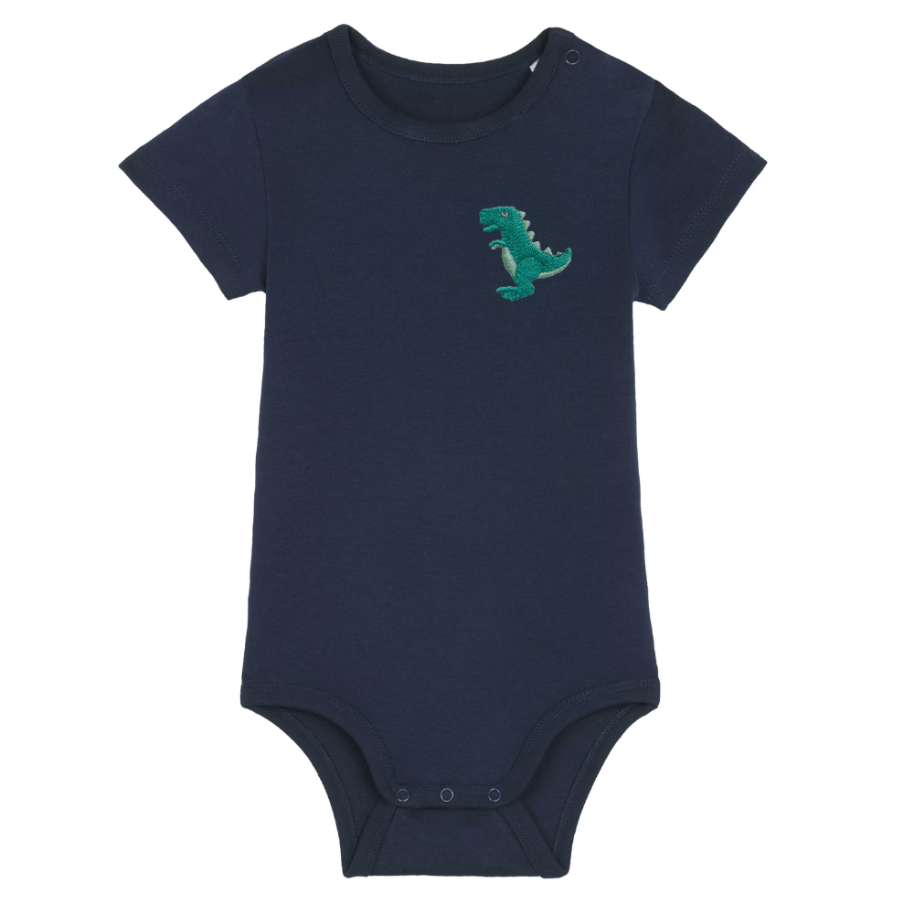 Heytoki Baby-Body aus Bio-Baumwolle in French Navy (Dunkelblau) mit gesticktem Dinosauriermotiv