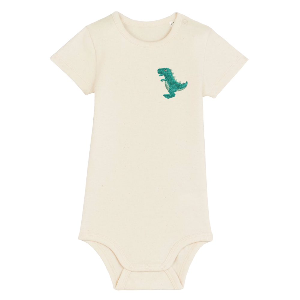 Heytoki Baby-Body aus Bio-Baumwolle in Natural Raw (Naturweiß) mit gesticktem Dinosauriermotiv