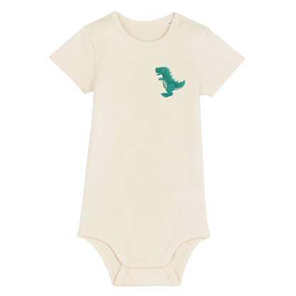 Heytoki Baby-Body aus Bio-Baumwolle in Natural Raw (Naturweiß) mit gesticktem Dinosauriermotiv