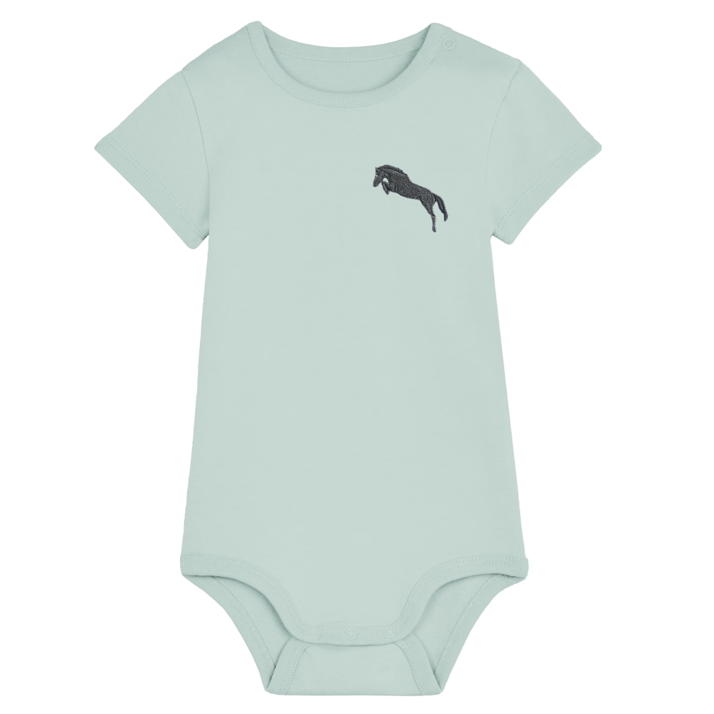 Heytoki Baby-Body aus Bio-Baumwolle in Caribbean Blue mit gesticktem Pferdemotiv