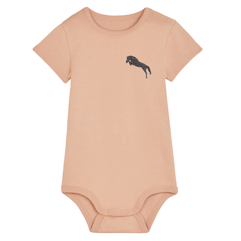 Heytoki Baby-Body aus Bio-Baumwolle in Fraiche Peche (Pfirsich) mit gesticktem Pferdemotiv