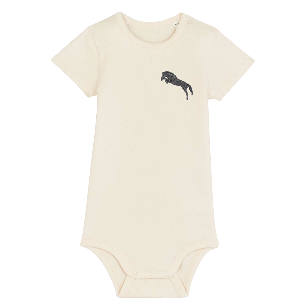 Heytoki Baby-Body aus Bio-Baumwolle in Natural Raw (Naturweiß) mit gesticktem Pferdemotiv