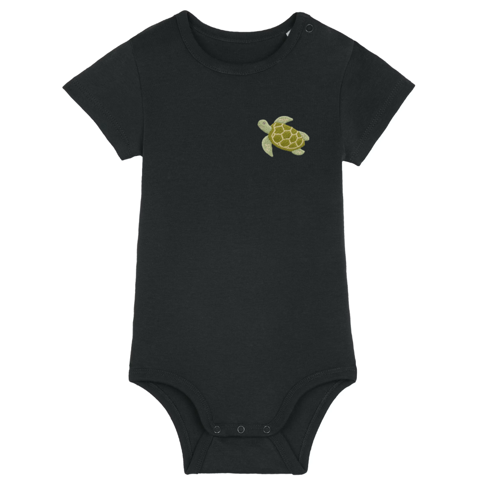 Heytoki Baby-Body aus Bio-Baumwolle in Schwarz mit gesticktem Schildkrötenmotiv
