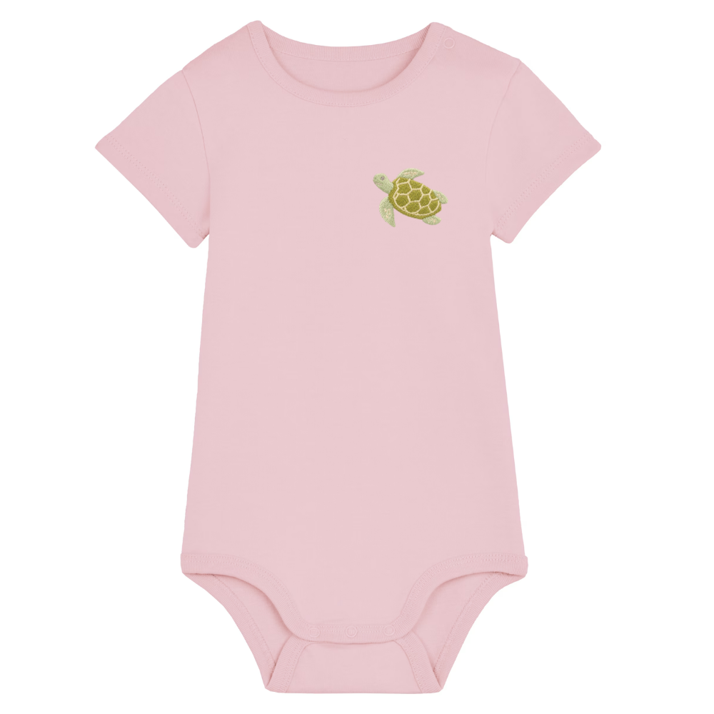 Heytoki Baby-Body aus Bio-Baumwolle in Cotton Pink (Rosa) mit gesticktem Schildkrötenmotiv