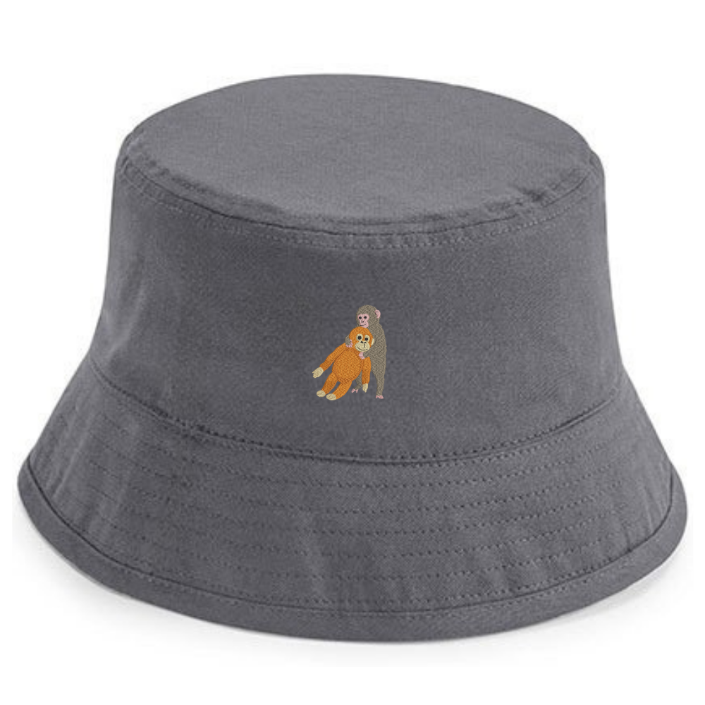Heytoki Fischerhut aus Bio-Baumwolle in Gray mit gesticktem Affenmotiv
