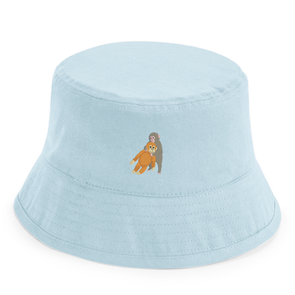Heytoki Kinder-Fischerhut aus Bio-Baumwolle in Powder Blue (Hellblau) mit gesticktem Affenmotiv
