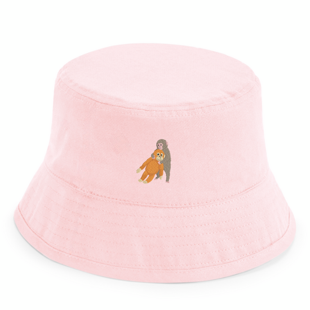 Heytoki Kinder-Fischerhut aus Bio-Baumwolle in Powder Pink (Rosa) mit gesticktem Affenmotiv