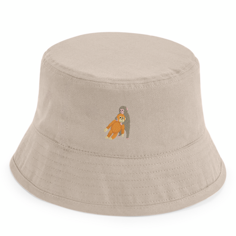 Heytoki Kinder-Fischerhut aus Bio-Baumwolle in Sand mit gesticktem Affenmotiv