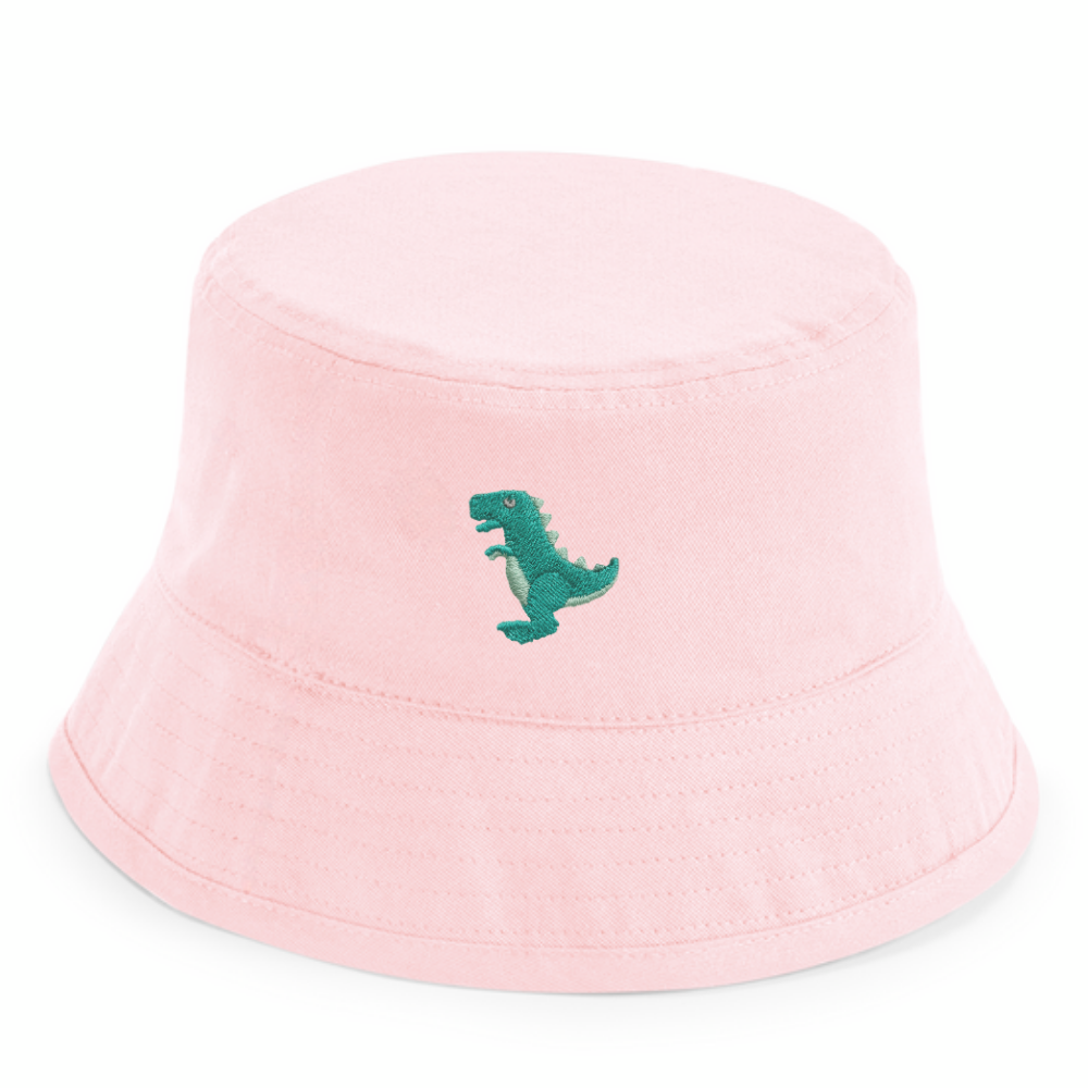 Heytoki Kinder-Fischerhut aus Bio-Baumwolle in Powder Pink (Rosa) mit gesticktem Dinosauriermotiv