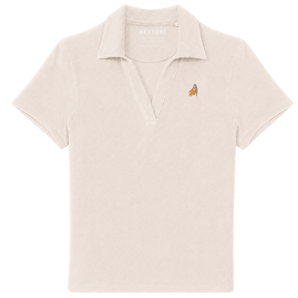 Heytoki Damen-Frottee-Poloshirt aus Bio-Baumwollmix in Ivory mit gesticktem Affenmotiv