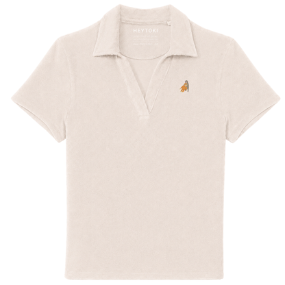 Heytoki Damen-Frottee-Poloshirt aus Bio-Baumwollmix in Ivory mit gesticktem Affenmotiv